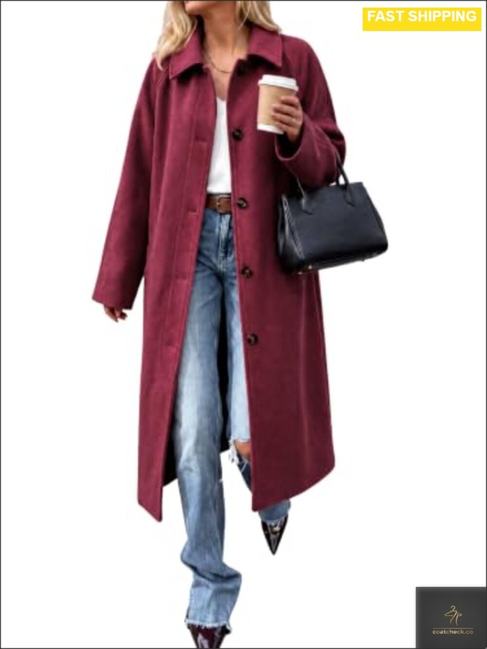 Womens Long Pea Coat Lapel Single Breasted Oversized Winter Overcoat